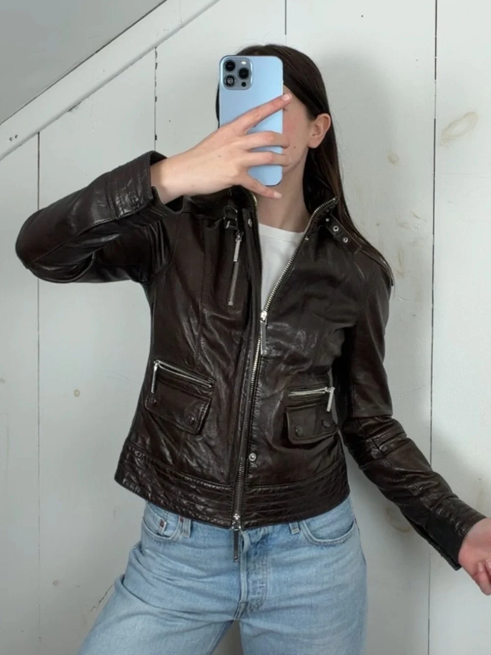 Tory Burch Brown Leather Moto Jacket Women’s Size 2 XS/S Buckle Funnel Neck Y2K
